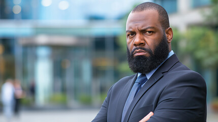 Obraz premium An African-American man displays intense rage in a professional outdoor environment, capturing raw emotion
