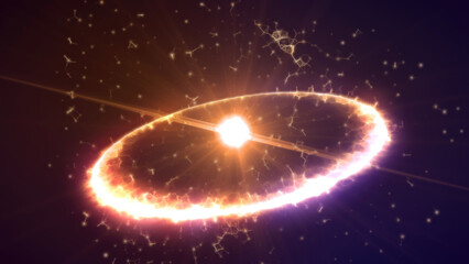 Fiery orange and golden ring of energy glowing with sparks and radiant light, set against a dark background