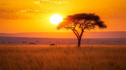 Fototapeta premium Silhouetted Tree Against a Vivid Orange Sunset Over a Grassy Savanna