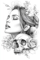 Fototapeta premium A striking black and white illustration of a serene woman with flowers and a skull, blending beauty and mortality.