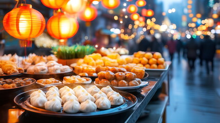 Lunar New Year festival food market, vibrant street stalls with steamed dumplings, rice cakes, and traditional treats