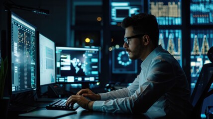 Fototapeta premium Focused analyst working in data center surrounded by multiple monitors