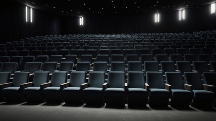 Obraz premium Empty modern movie theater auditorium with dark blue seats.