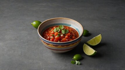 Vibrant salsa made with chopped tomatoes, onions, and jalapenos is garnished with cilantro and lime, accompanied by crispy tortilla chips on a dark wooden surface