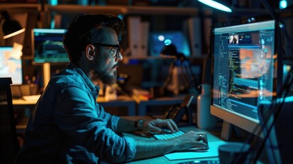 Obraz premium Nighttime coding session: focused developer working on innovative software projects in modern office
