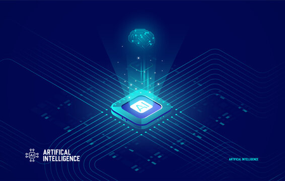 Hi-tech digital technology futuristic circuit digital. Abstract artificial intelligence futuristic design. AI, Modern blue design. Global network connection technology. Isometric Vector banner AI chip