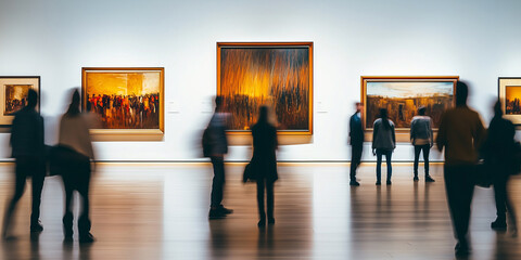 People walking and observing artwork in a modern gallery