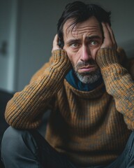 Caucasian man appears to struggle with sadness while seated comfortably in a cozy living space