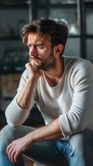 Obraz premium Caucasian man is deep in thought while seated in a dimly lit indoor space, showing signs of sadness