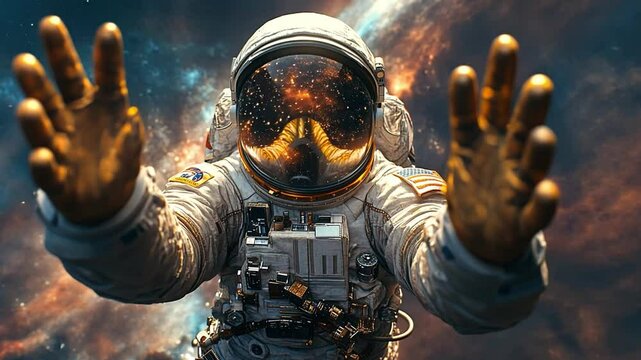 An astronaut reaches out amid a breathtaking cosmic background filled with vibrant galaxies and stars, showcasing the beauty of space exploration.
