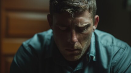 Obraz premium A caucasian man shows visible sadness as he leans forward in a dimly lit room during the evening