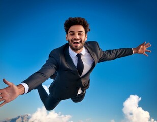 man dressed in suit and tie falls from the sky, flies, smiling