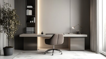 Modern office space with a sleek desk, ergonomic chair, and minimalist decor.