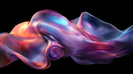 Futuristic abstract 3D holographic shape with fluid iridescent colors and glowing effects, creating a dynamic visual experience against a black background