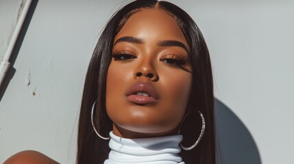 A stunning African American woman in a white bodysuit flaunts her shiny, floor-length hair with confidence