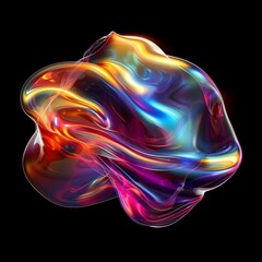 Futuristic abstract 3D holographic shape with fluid iridescent colors and glowing effects, creating a dynamic visual experience against a black background