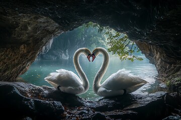 A pair swans creating a heart shape with their necks, framed in a romantic lakeside setting