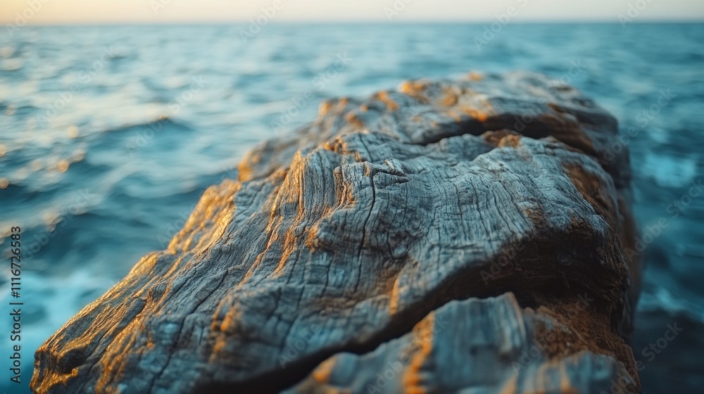 Poster sunlight glints off the weathered surface of driftwood perched near the ocean. waves gently lap agai