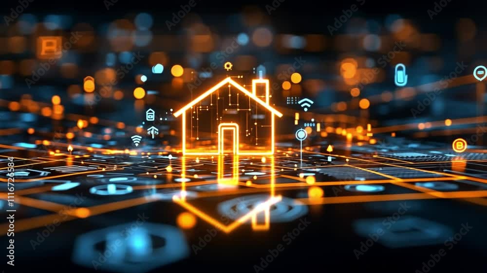 Poster digital representation of a home with technology elements in a futuristic setting