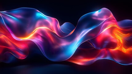Futuristic abstract 3D holographic shape with fluid iridescent colors and glowing effects, creating a dynamic visual experience against a black background