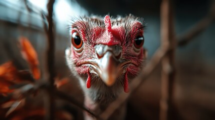 An expressive bird stares boldly into the camera, surrounded by wild habitat, with its striking red eyes reflecting intensity and the essence of the wilderness.