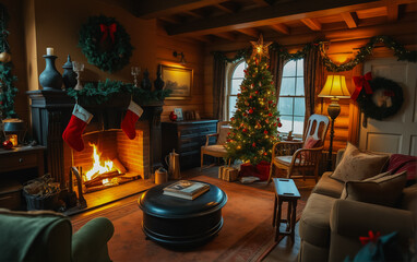 Warm rustic log cabin interior featuring a glowing Christmas tree, cozy furniture, and a roaring fireplace.