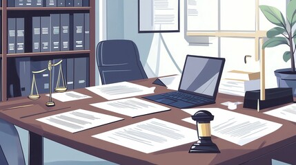 Legal office desk, documents, laptop, scales.