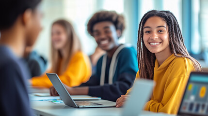 Smiling diverse group of students in a classroom setting