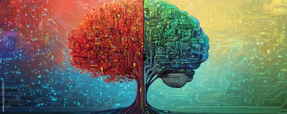 Poster colorful digital tree with circuit brain, artificial intelligence concept