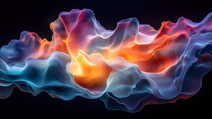 Obraz premium Futuristic abstract 3D holographic shape with fluid iridescent colors and glowing effects, creating a dynamic visual experience against a black background