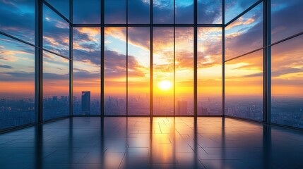 Sunset cityscape viewed from high-rise room.