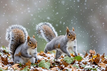 Two squirrels playing in winter