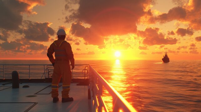 As the sun sets over the horizon the bosun inspects the deck for any signs of wear and tear ensuring the ship is always in top condition.