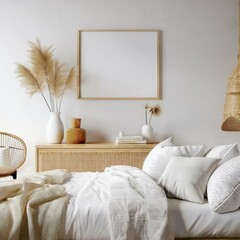 Modern Bedroom Mockup with a Frame Displayed Among Natural Rattan Decor