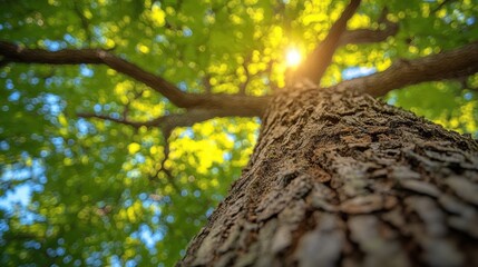 Fototapeta premium A majestic tree trunk stretches skyward with sunlight filtering through vibrant green leaves, capturing the essence of nature's resilience and beauty in a serene forest setting.