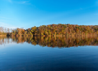 Autumn landscape, lake, river, fall foliage, trees, reflections, nature, landscape, scenery, serene, peaceful, tranquil