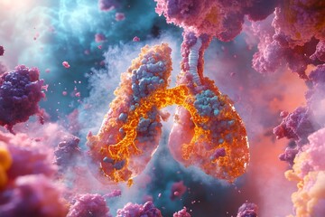 Fototapeta premium Alveolar cell visualization illustrating Interstitial Lung Disease progression how scarring treatments applied under Pulmonology