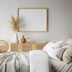 Inviting Bedroom Mockup with a Frame Displayed Against a Backdrop of Rattan Furniture