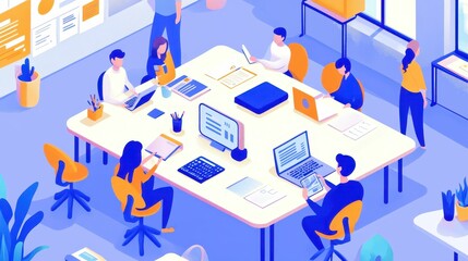 Obraz premium Team collaborating, devices, modern office space.