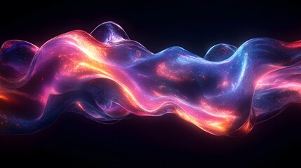 Obraz premium Futuristic abstract 3D holographic shape with fluid iridescent colors and glowing effects, creating a dynamic visual experience against a black background