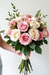 A hand holds a large beautiful bouquet of various roses on a white background.