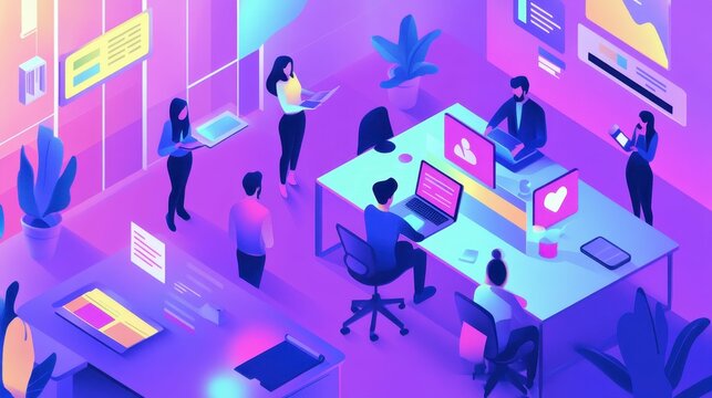 Teamwork, digital devices, vibrant office, collaborative work.