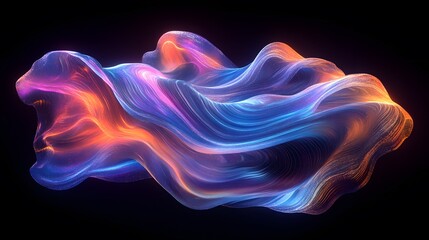 Obraz premium Futuristic abstract 3D holographic shape with fluid iridescent colors and glowing effects, creating a dynamic visual experience against a black background