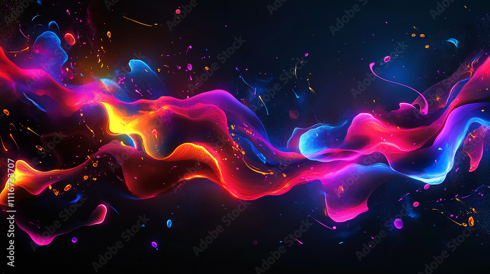Poster Vibrant abstract waves of color flow seamlessly through a dark background creating a dynamic visual experience. Abstract art illustration