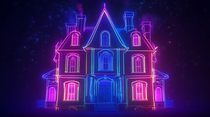 Fototapeta premium Neon glow Victorian mansion sharp dark atmospheric background image