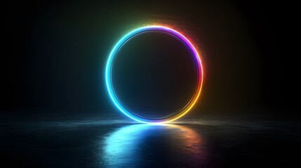 Obraz premium Futuristic abstract 3D holographic shape with fluid iridescent colors and glowing effects, creating a dynamic visual experience against a black background