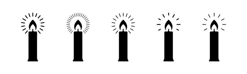 Candle vector icons. Burning candle vector icons. Candle silhouettes. Flaming candles. Candlelight