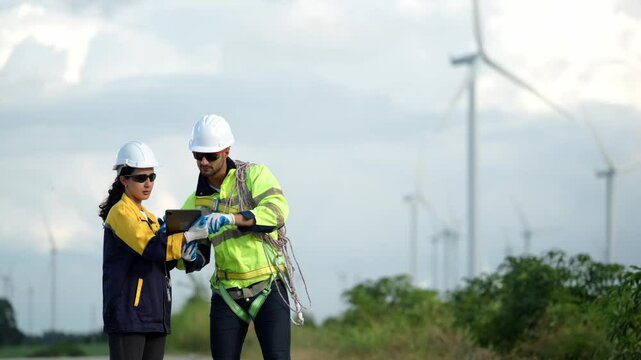 Diverse ethnicity male technicians working in the wind turbines field.