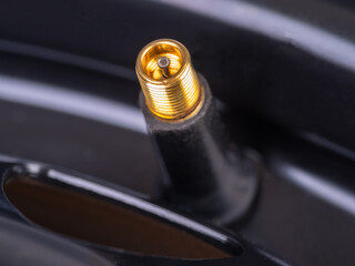 The valve in a passenger car tire.