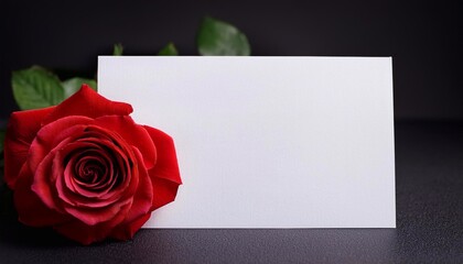 Red rose blooming near blank white card on black background